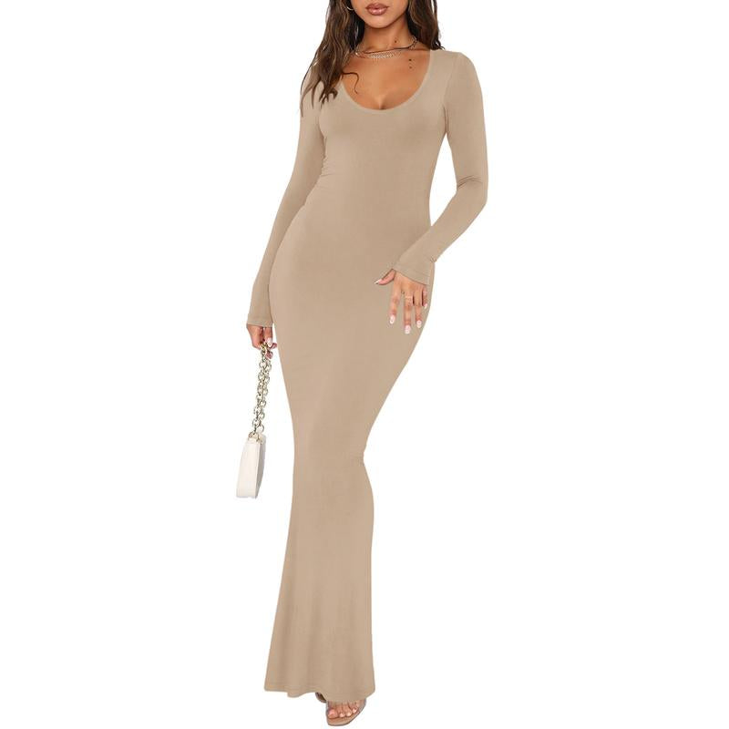 REORIA Tiktokshopbacktoschool Mother'S Day Gift Women'S Sexy Scoop Neck Long Sleeve Lounge Long Dress Summer Outdoorfun Ribbed Bodycon Maxi Dresses Fall Winter Layer Casual Fabric
